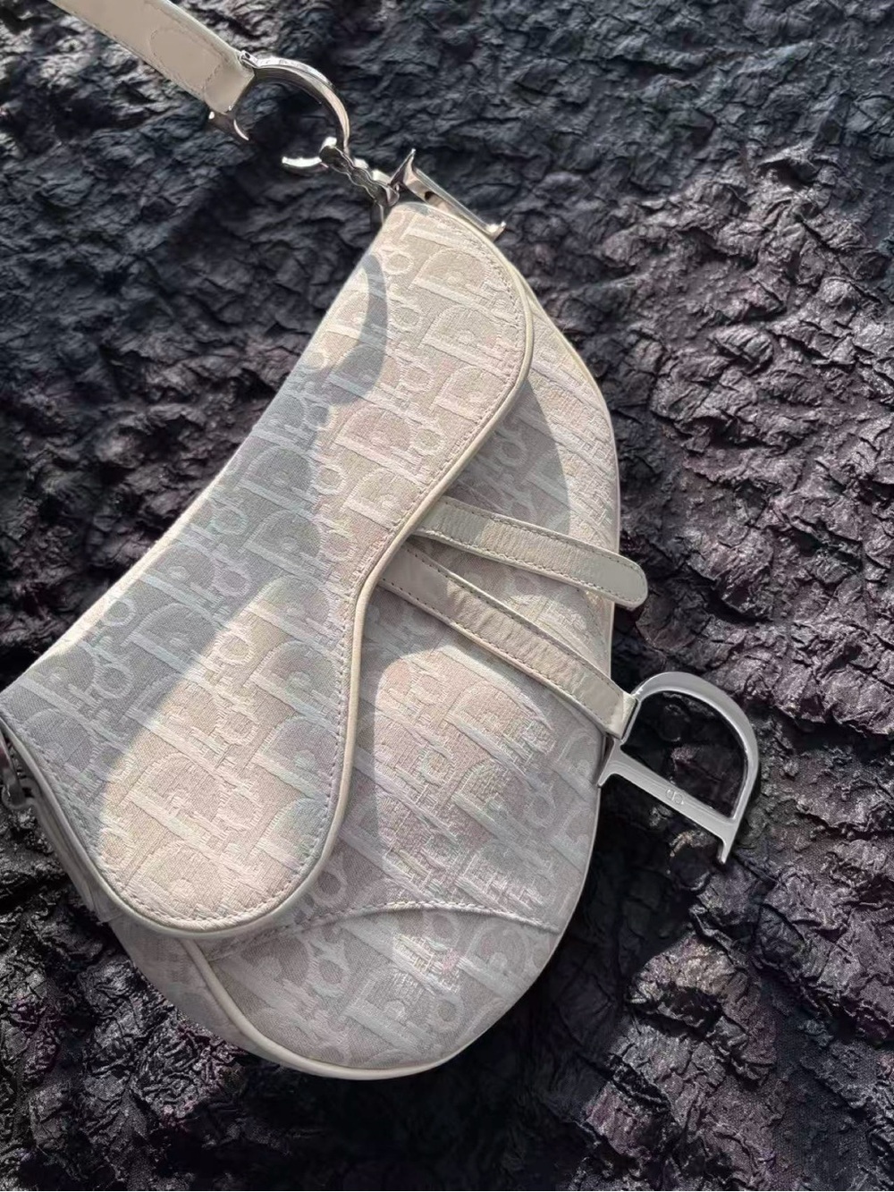 Christian Dior White/Silver Small Saddle Bag